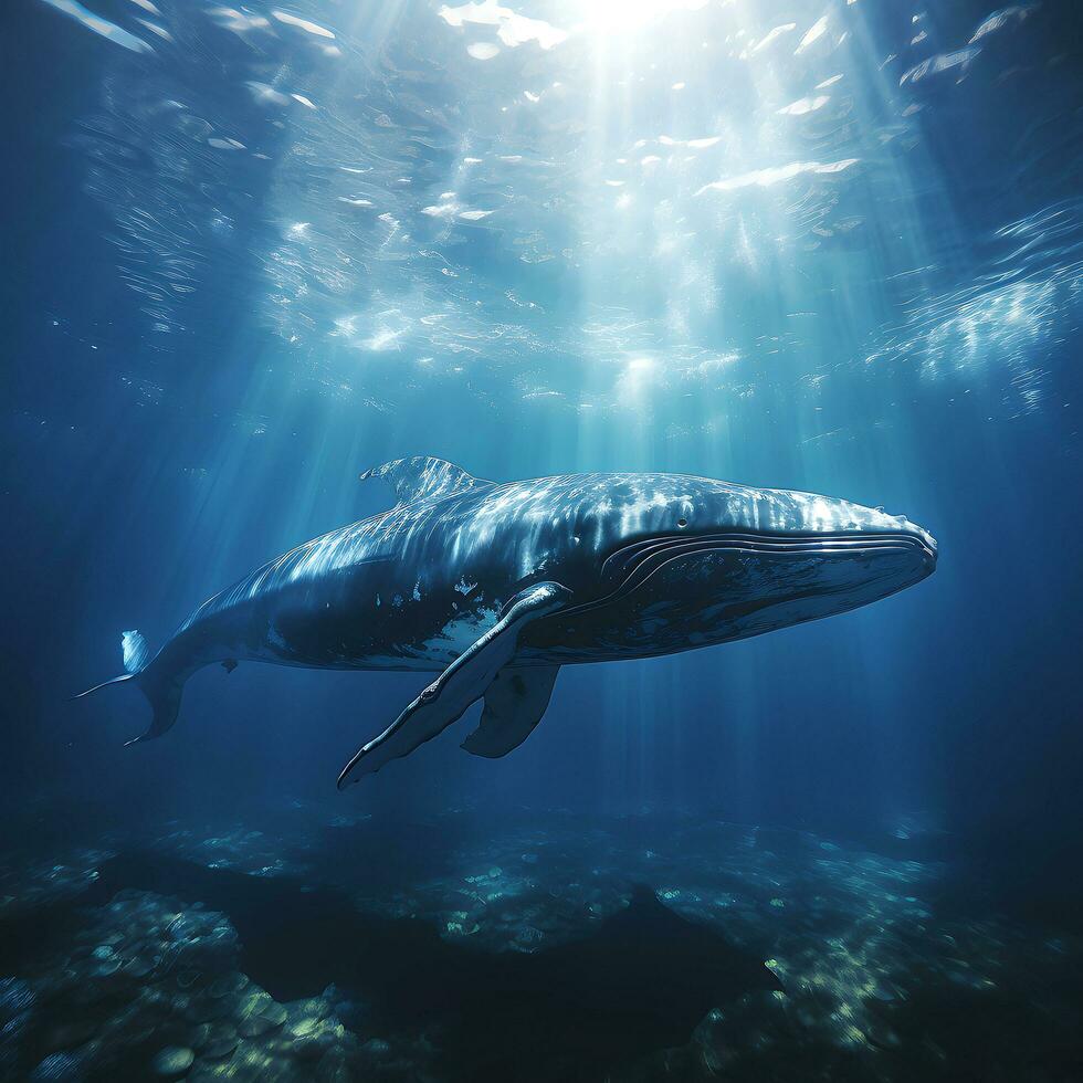 Humpback whale playfully swimming in clear blue ocean. AI Generative photo