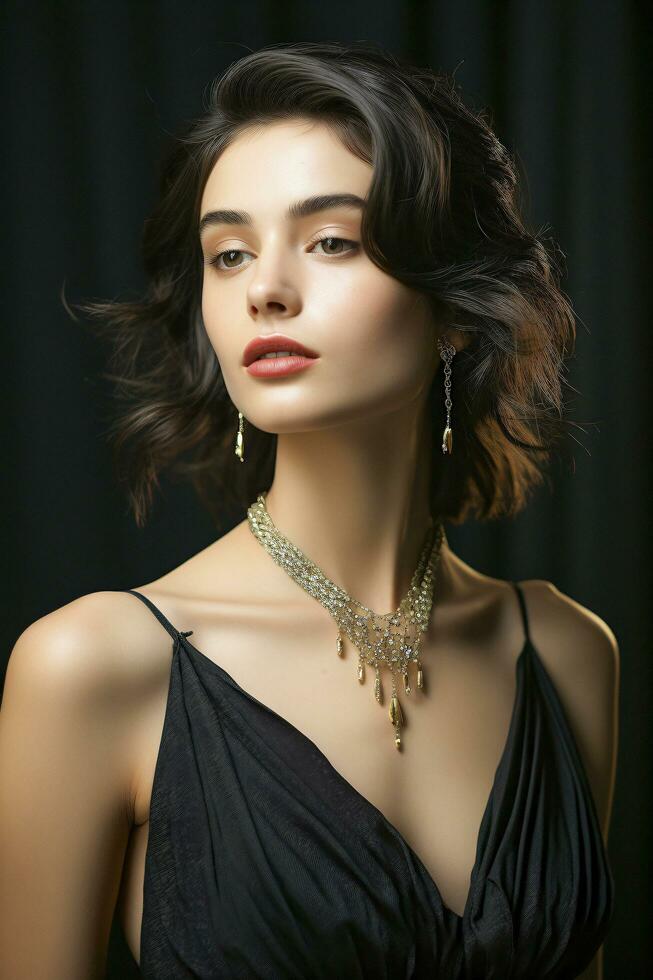 Portrait of most beautiful woman. Professional fashion model posing for modern magazine, demonstrate latest trends of fashion world and design. Ai Generative photo