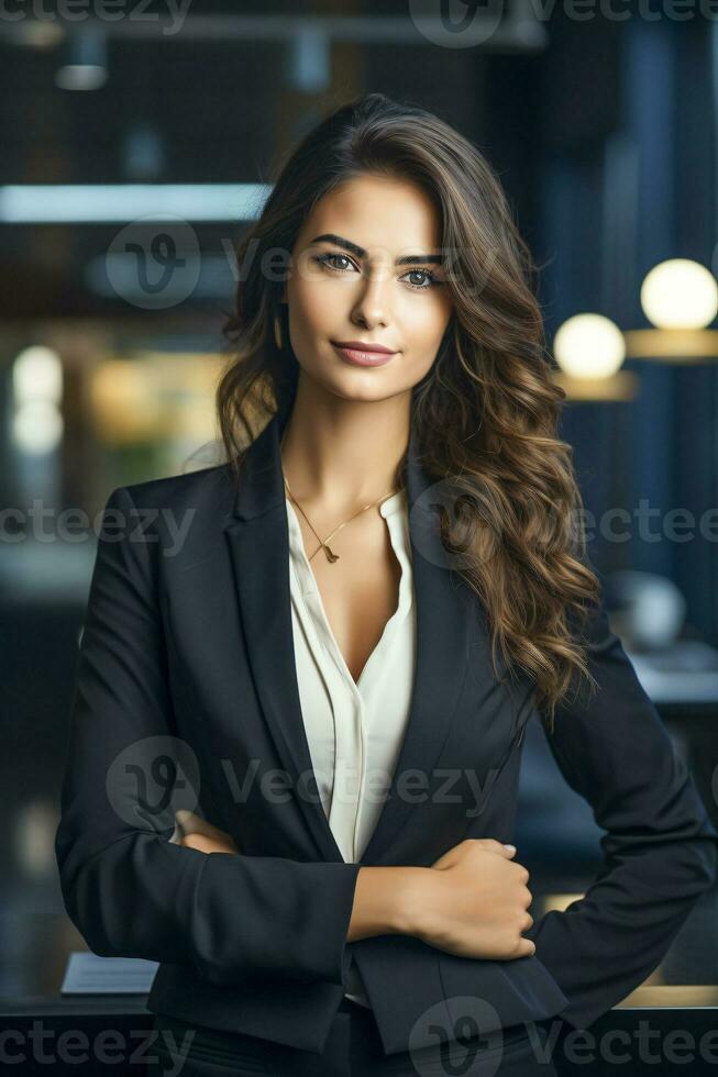 A Happy succesfull young businesswoman, female carreer concept. Modern office worker. Ai Generative photo
