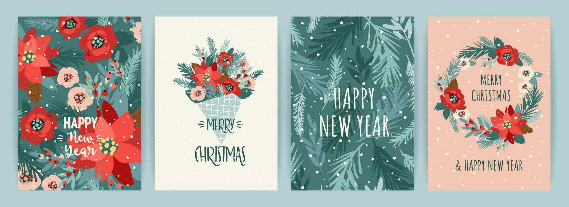 Christmas and Happy New Year cards with flowers, christmas tree, branches, leaves, berries, snowflakes. Trendy retro style. Vector design templates.