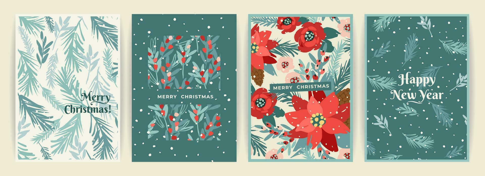 Christmas and Happy New Year cards with flowers, christmas tree, branches, leaves, berries, snowflakes. Trendy retro style. Vector design templates.