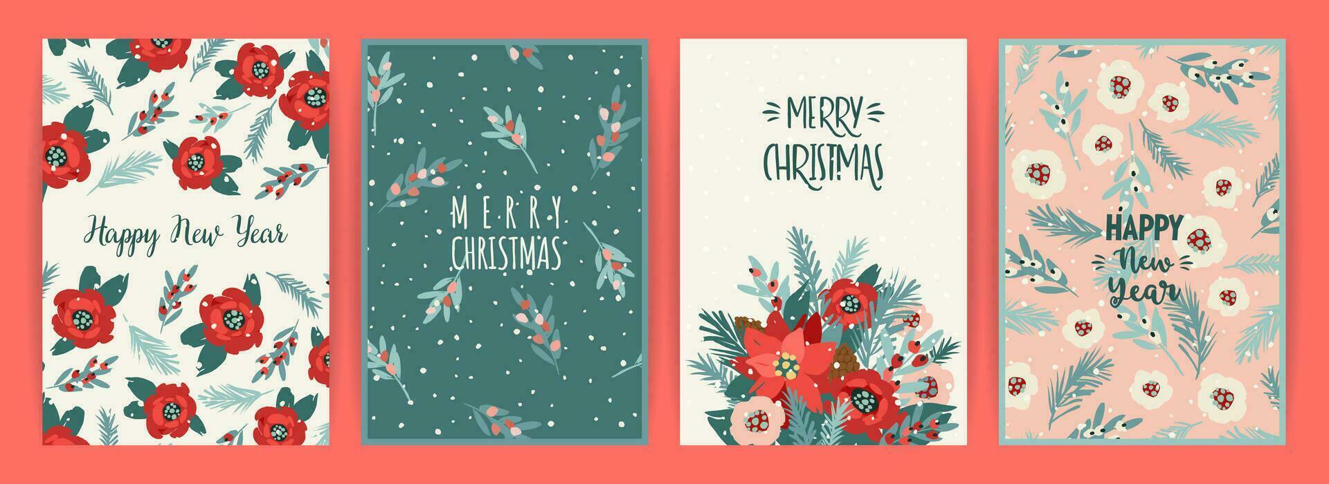 Christmas and Happy New Year cards with flowers, christmas tree, branches, leaves, berries, snowflakes. Trendy retro style. Vector design templates.