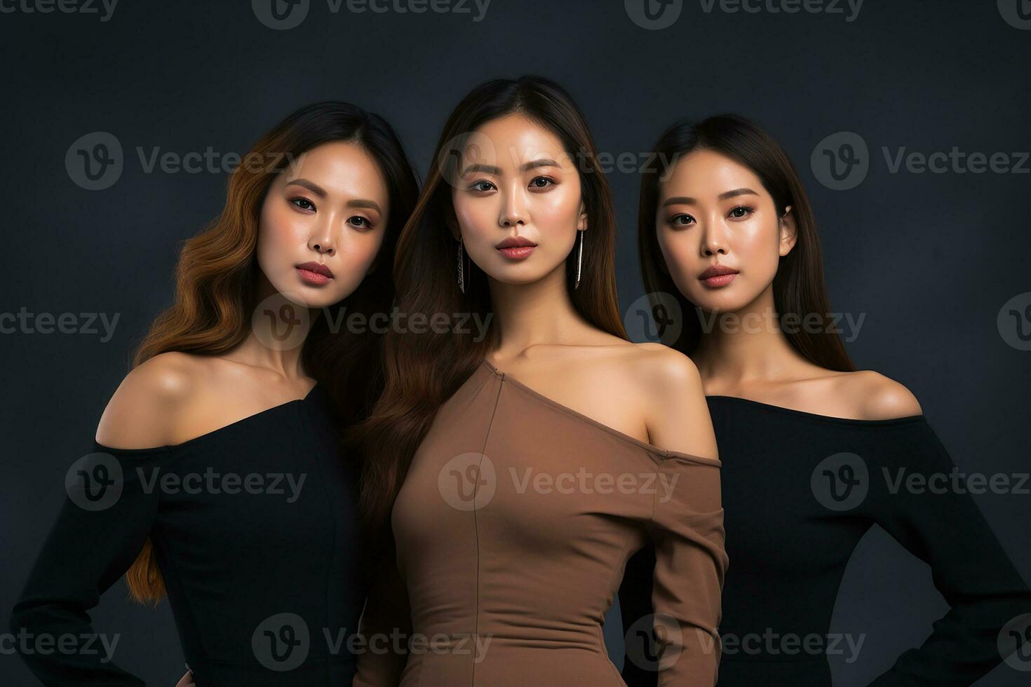 Ai generated Studio portrait of three few beautiful young woman standing together in hug on different colour background photo