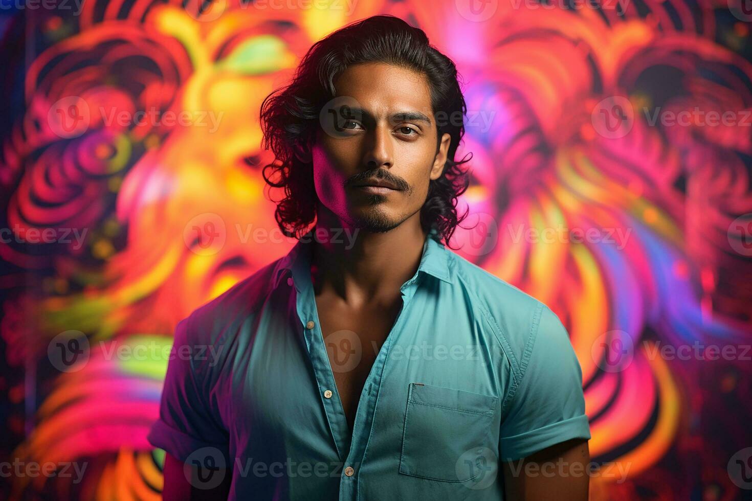 Ai generated Studio portrait of handsome indian man on colour background photo