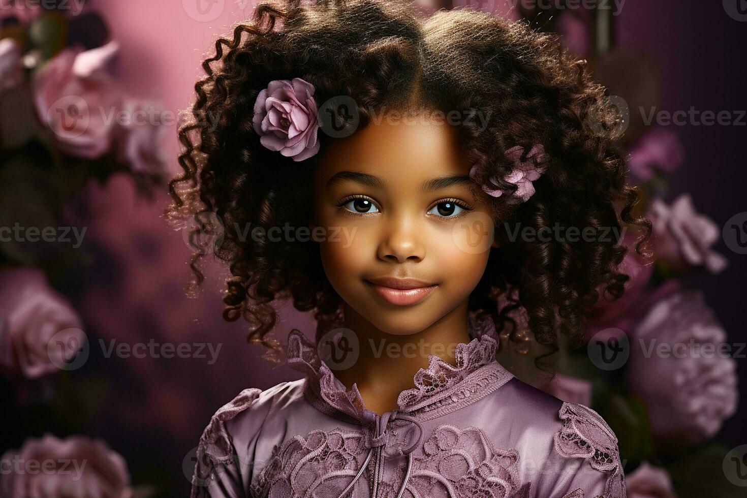 Ai generated studio portrait of cute little curly african girl on different colours background photo