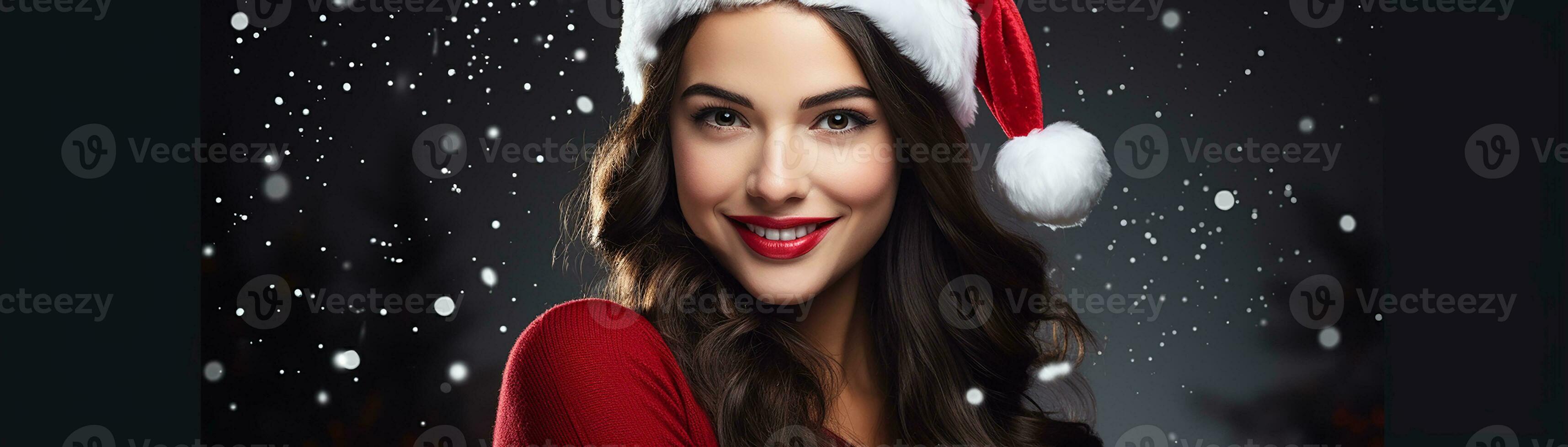 ai generado retrato de hermosa sonriente mujer en Papa Noel claus vistiendo foto