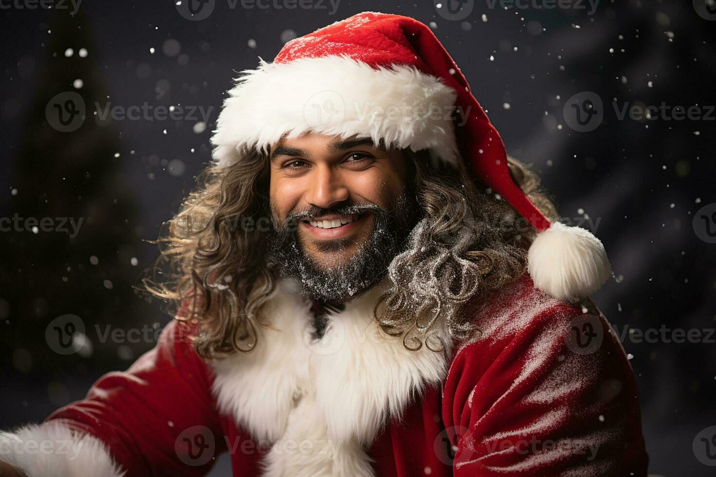 Ai generated portrait of handsome smiling man in santa claus wearing photo