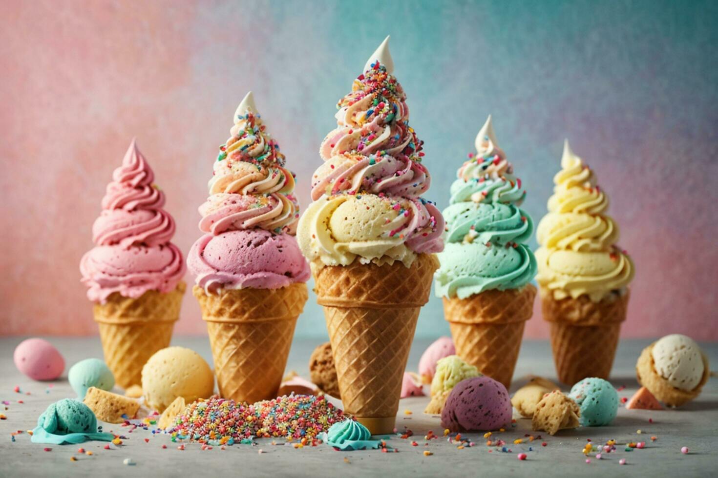 Close-Up of sweet ice cream cone whit various colors background Ai generated photo