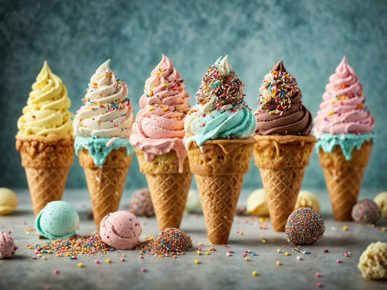 Close-Up of sweet ice cream cone whit various colors background Ai generated photo