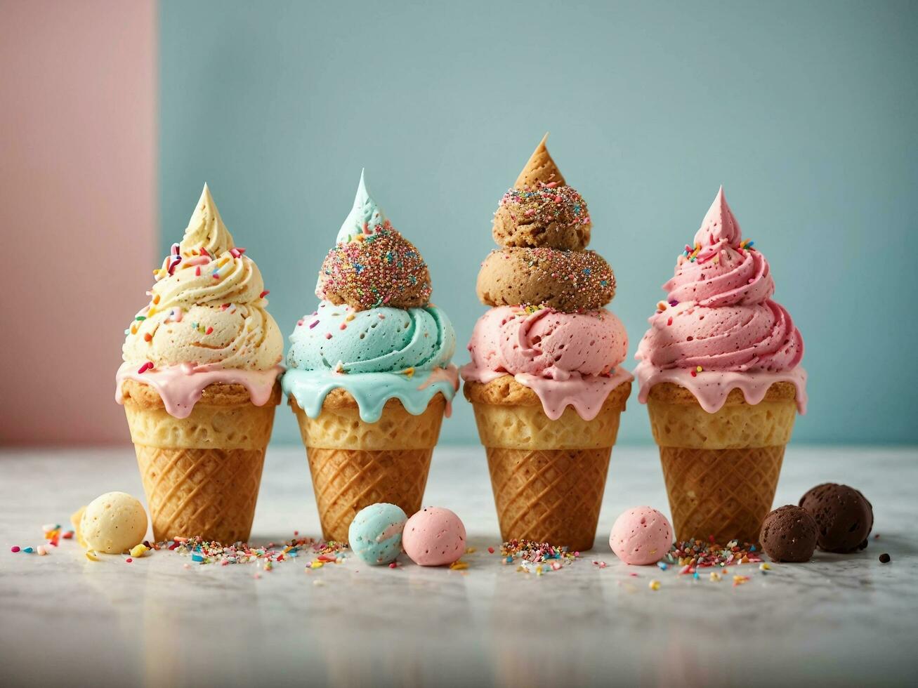 Close-Up of sweet ice cream cone whit various colors background Ai generated photo