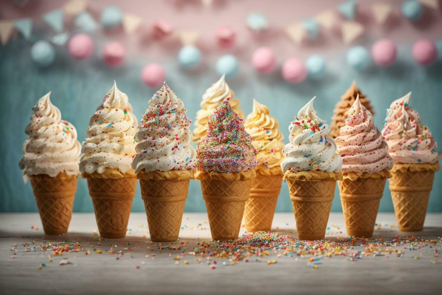 Close-Up of sweet ice cream cone whit various colors background Ai generated photo