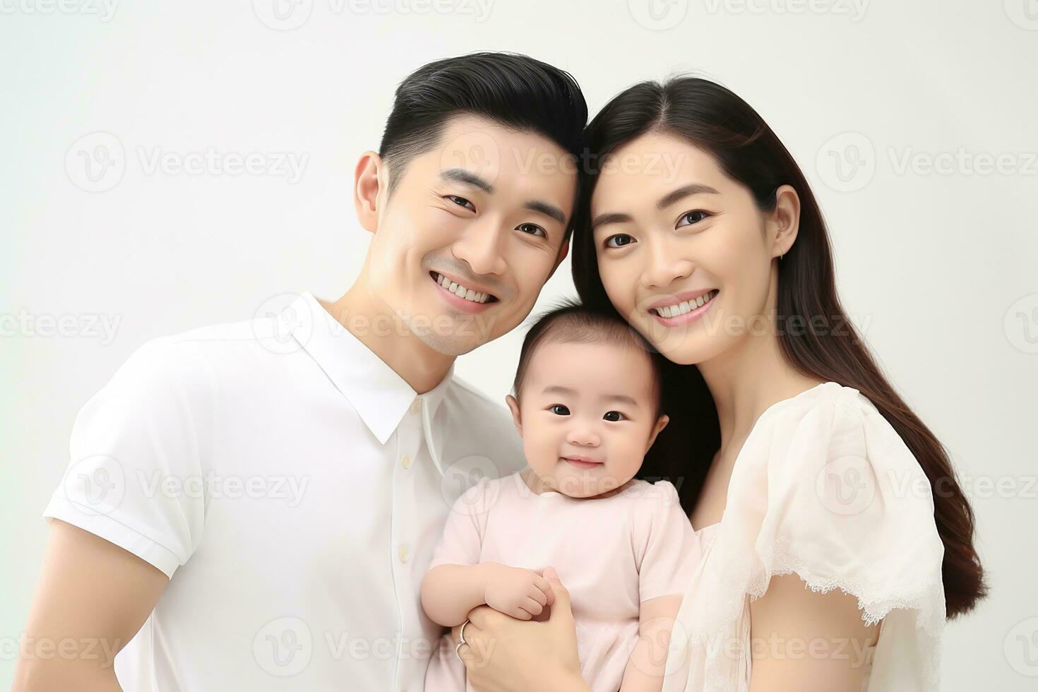 Ai generated Studio portrait of beautiful parents with infant baby holding on hands on different colours background photo