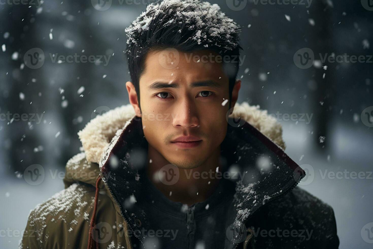 Ai generated portrait of handsome smiling man standing under the snowing photo