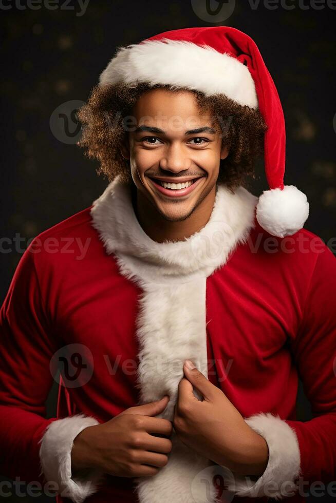 Ai generated portrait of handsome smiling man in santa claus wearing photo