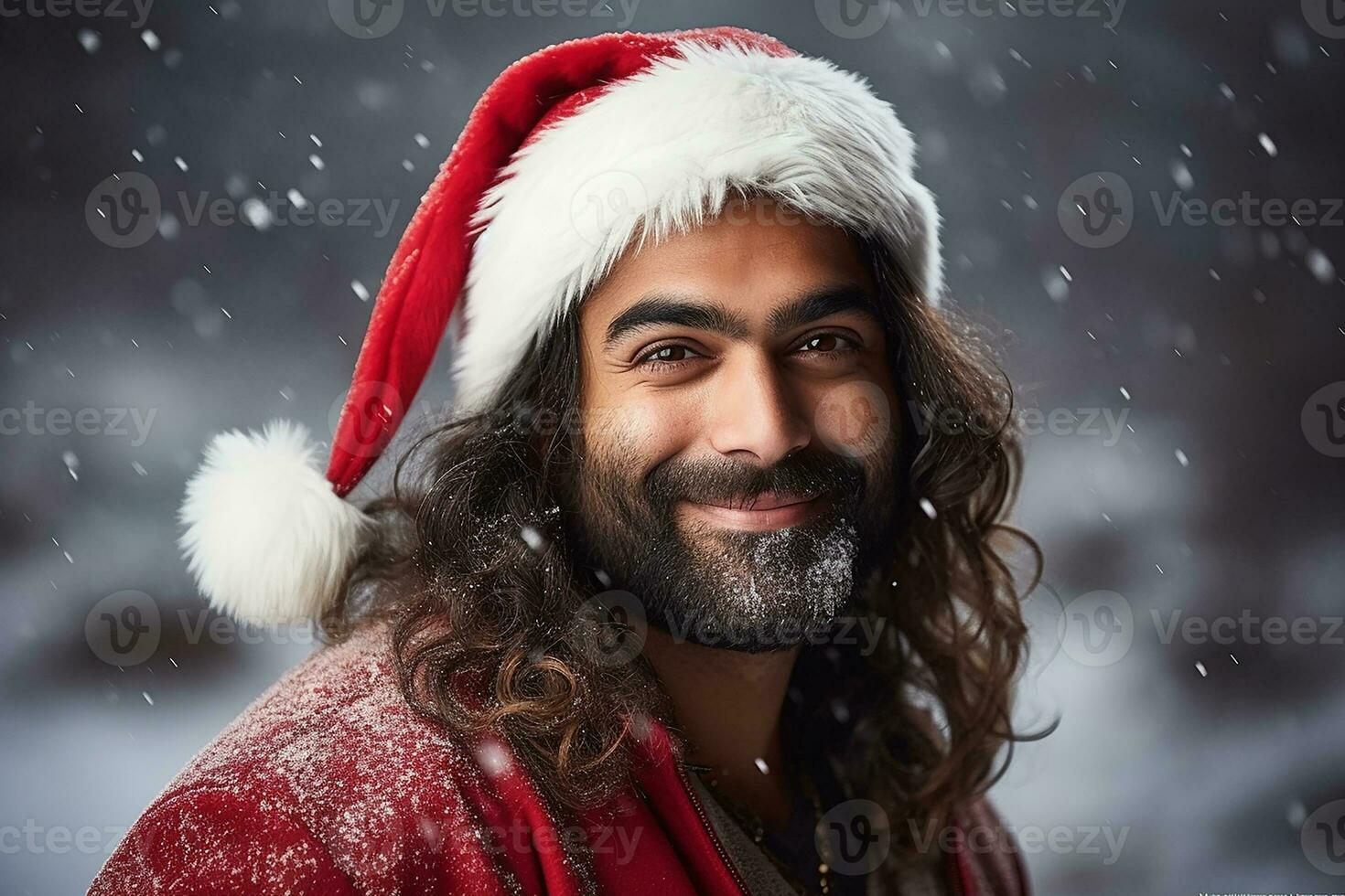 Ai generated portrait of handsome smiling man in santa claus wearing photo