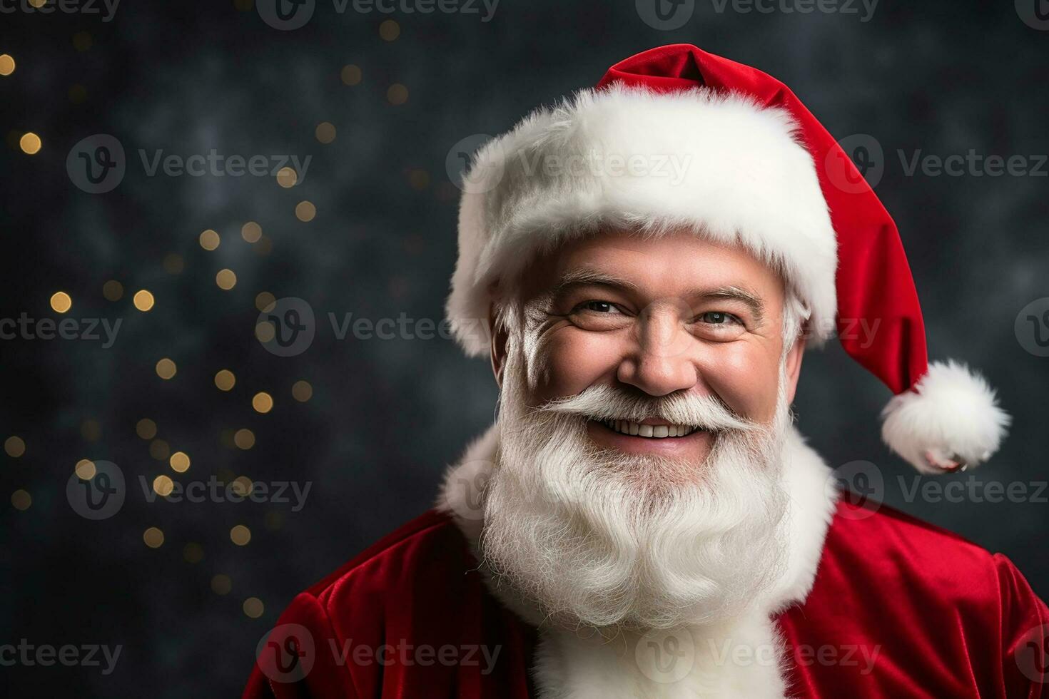 ai generado retrato de hermoso sonriente hombre en Papa Noel claus vistiendo foto