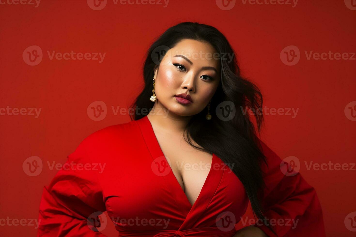 Ai generated Studio portrait of beautiful fat overweighted woman on different colour background photo