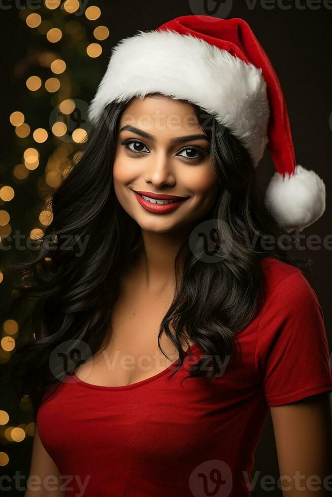 ai generado retrato de hermosa sonriente mujer en Papa Noel claus vistiendo foto