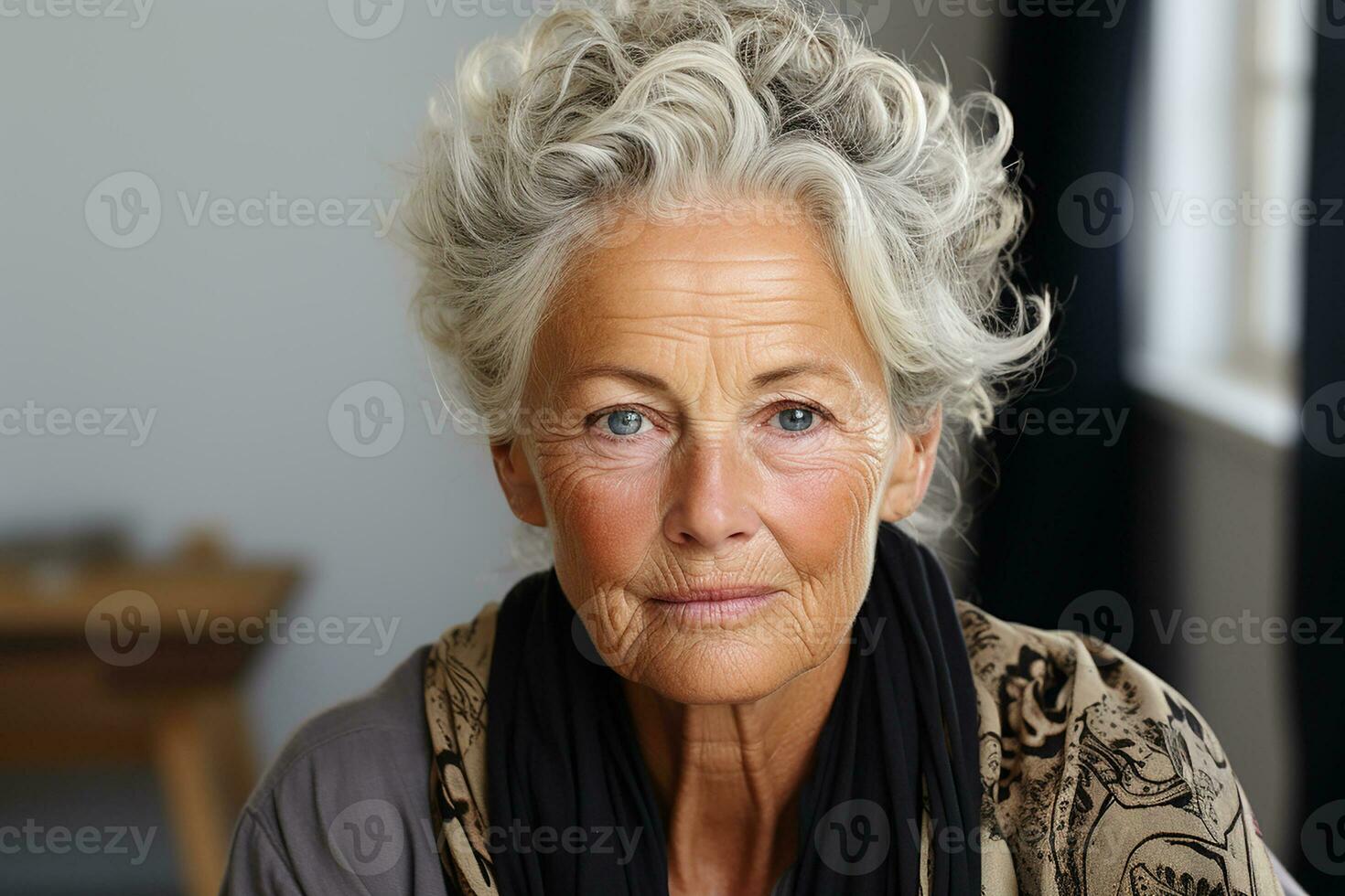 Ai generated studio portrait of trendy old elderly woman on different colour background in glasses and headphones photo