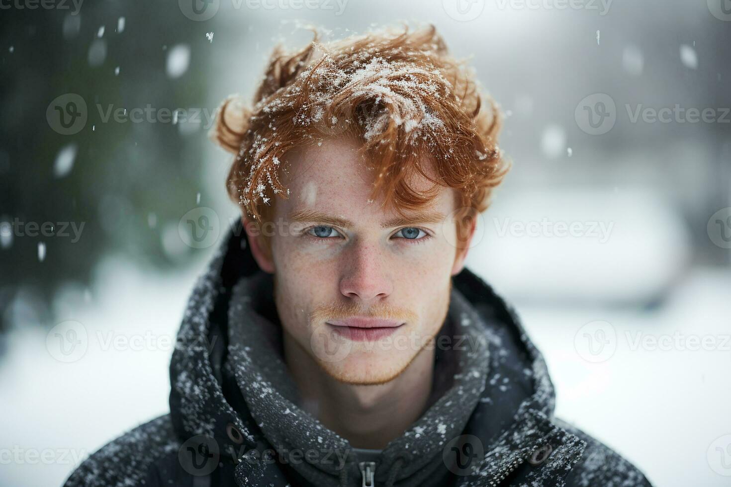 Ai generated portrait of beautiful smiling young ginger man standing under snowing photo