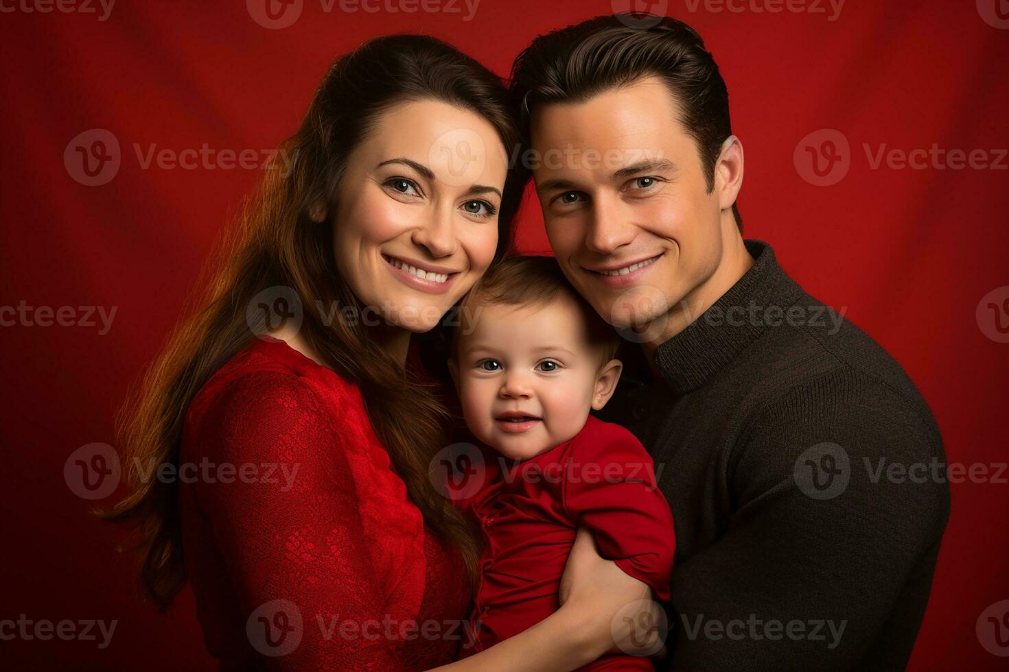 Ai generated Studio portrait of beautiful parents with infant baby holding on hands on different colours background photo