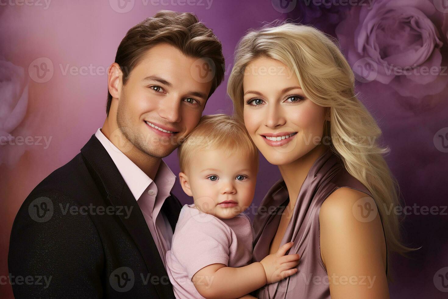 Ai generated Studio portrait of beautiful parents with infant baby holding on hands on different colours background photo