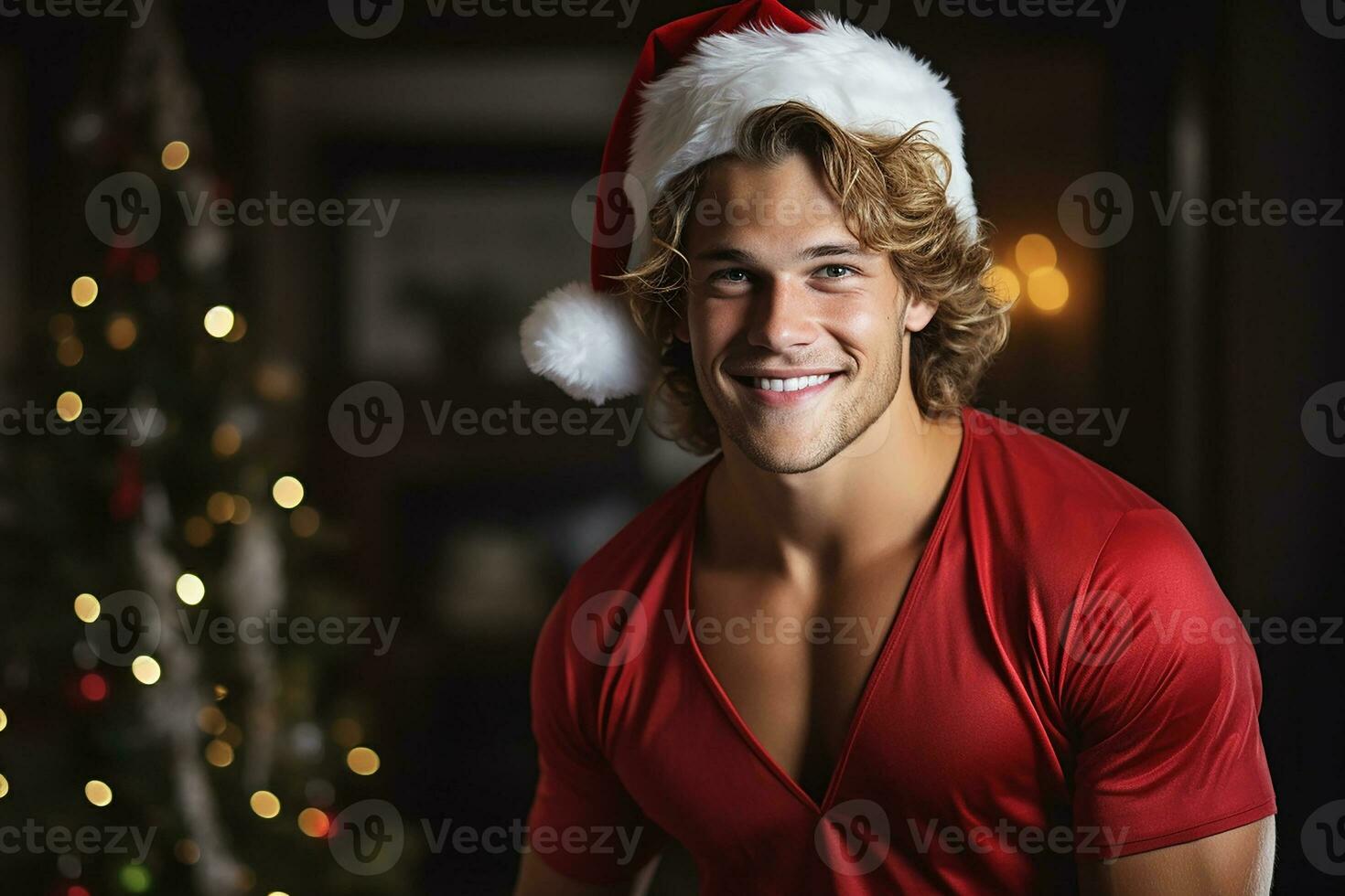 ai generado retrato de hermoso sonriente hombre en Papa Noel claus vistiendo foto