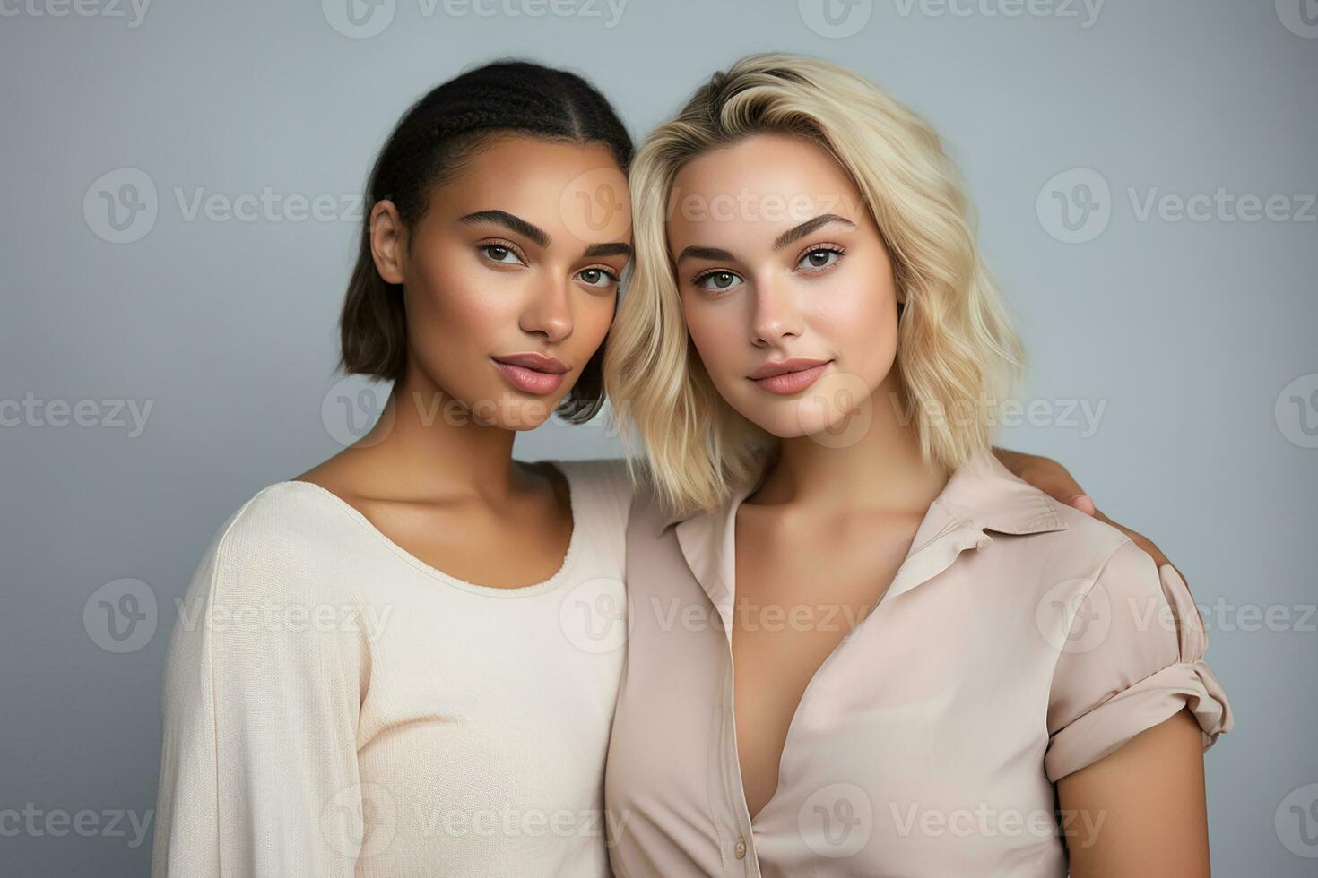 Ai generated Studio portrait of three few beautiful young woman standing together in hug on different colour background photo