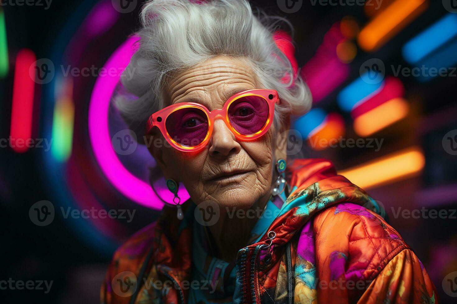 Ai generated studio portrait of trendy old elderly woman on different colour background in glasses and headphones photo
