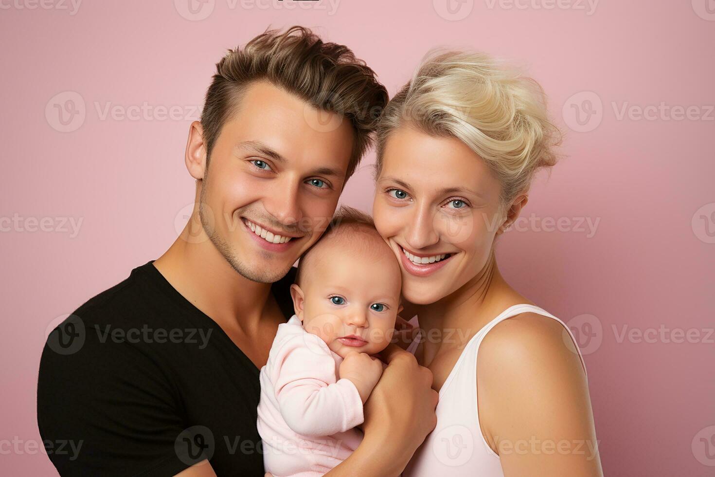 Ai generated Studio portrait of beautiful parents with infant baby holding on hands on different colours background photo