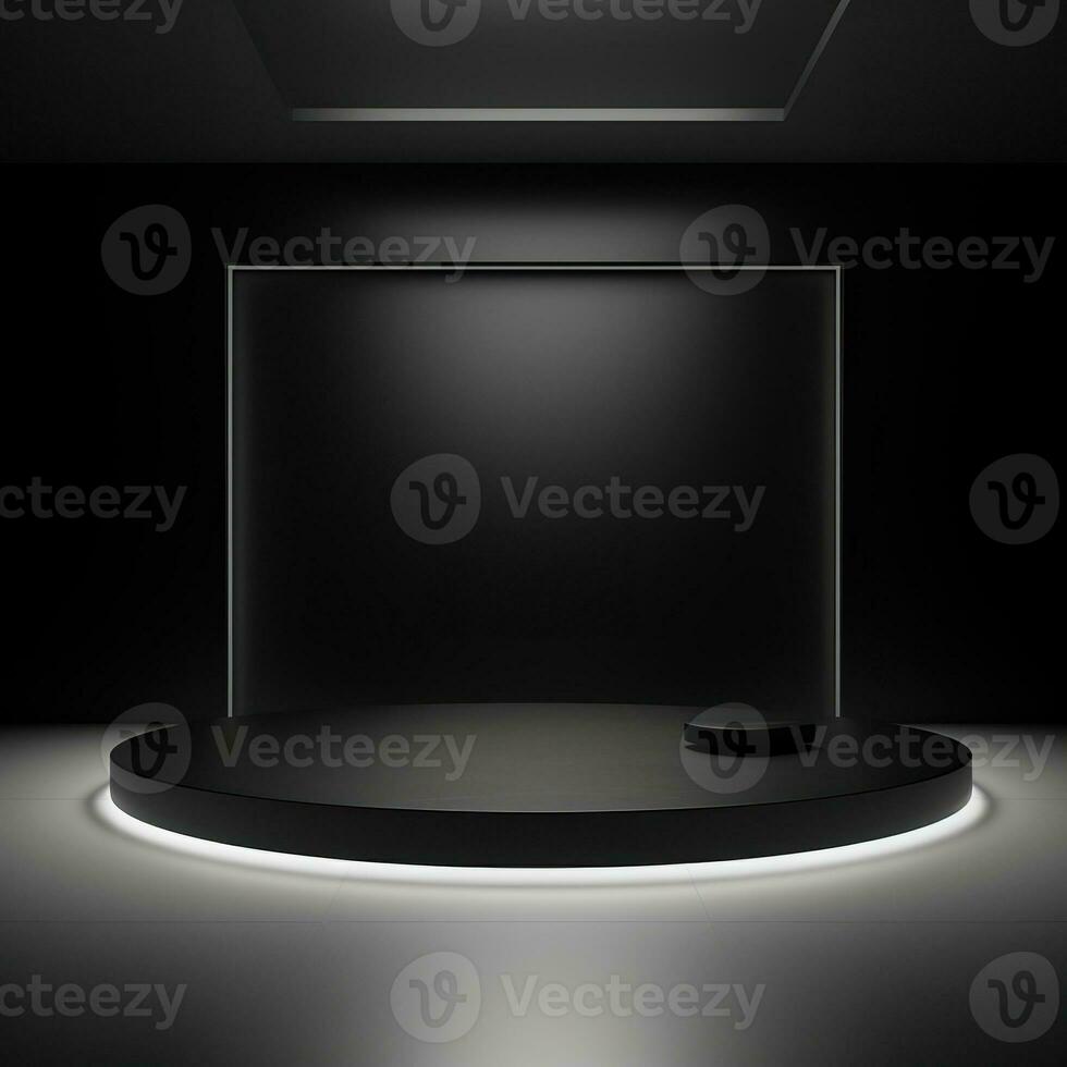 Stage, podium, empty pedestal for displaying objects and advertising goods, pink, black, round, square, glow. Generative AI photo