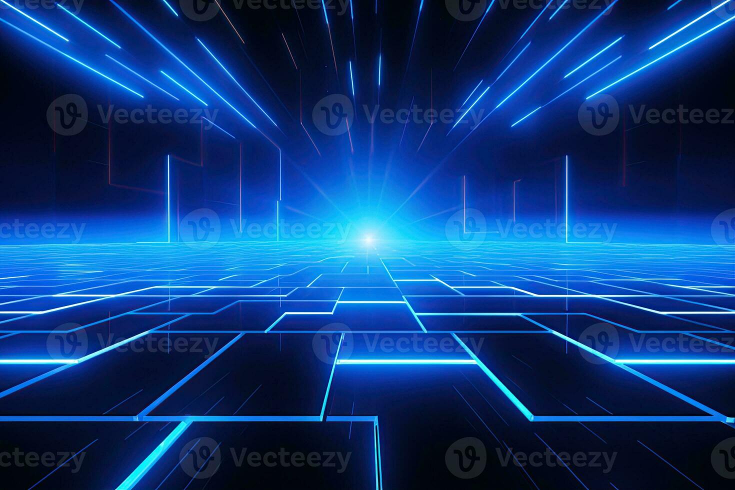 Abstract neon blue background, cyber space, parallel universe, lines, stripes, glow. AI generated photo