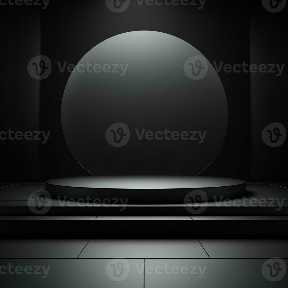 Stage, podium, empty pedestal for displaying objects and advertising goods, pink, black, round, square, glow. Generative AI photo