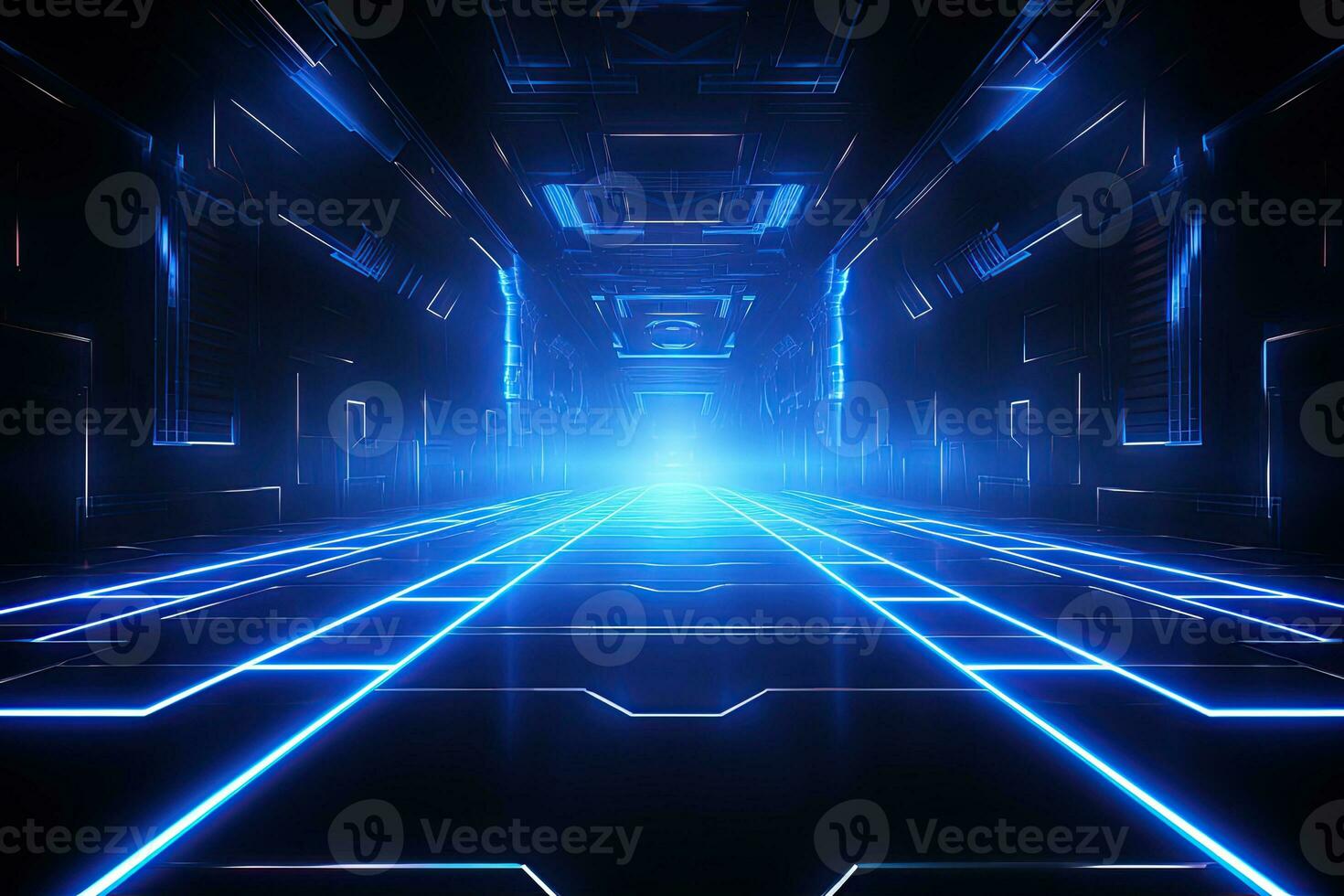 Abstract neon blue background, cyber space, parallel universe, lines, stripes, glow. AI generated photo