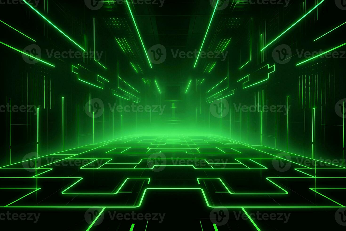 Abstract neon green background, cyber space, parallel universe, lines, stripes, glow. Generative AI photo