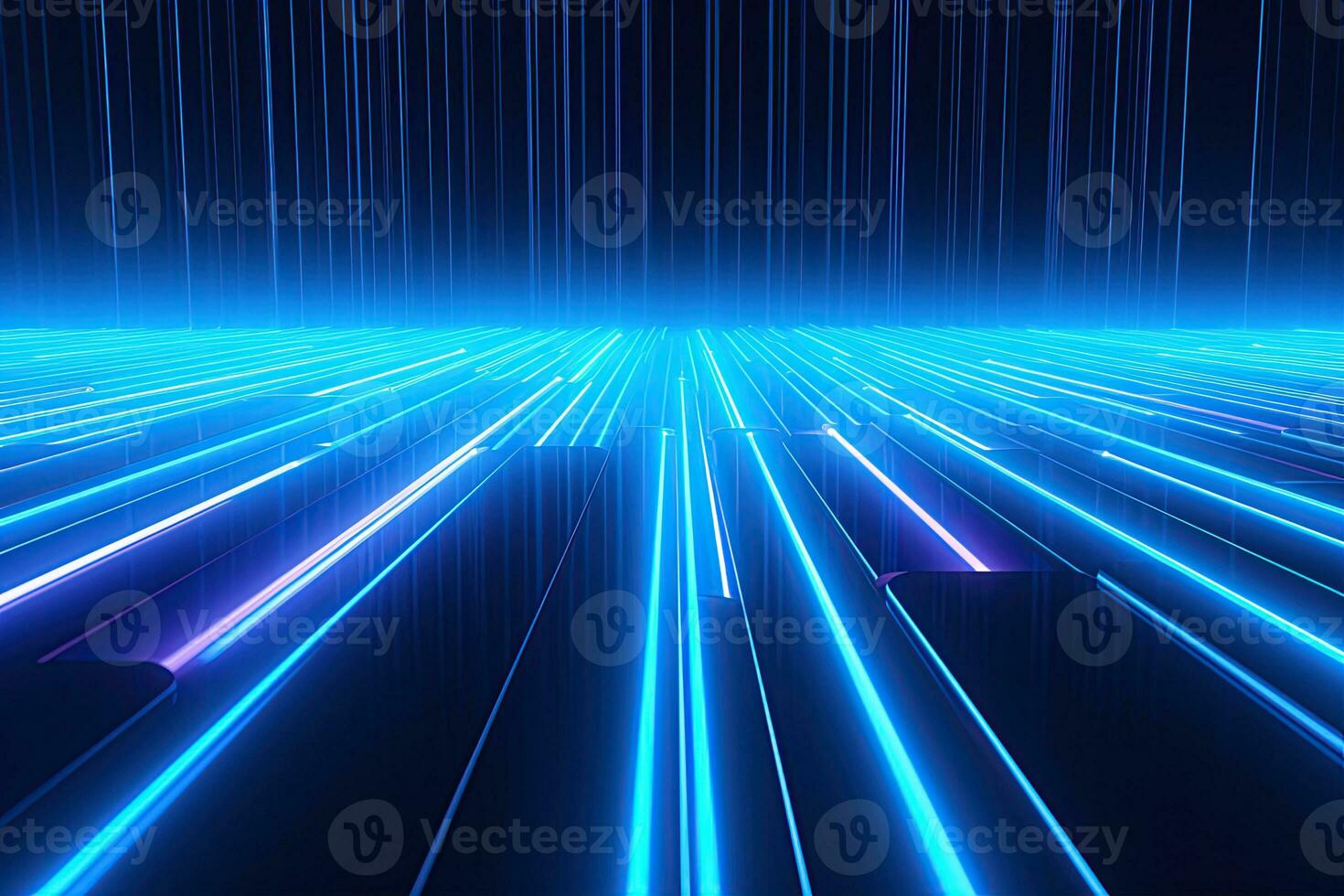 Abstract neon blue background, cyber space, parallel universe, lines, stripes, glow. AI generated photo