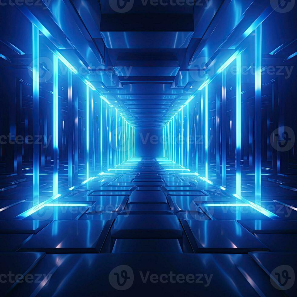 Abstract neon blue background, cyber space, parallel universe, lines, stripes, glow. AI generated photo