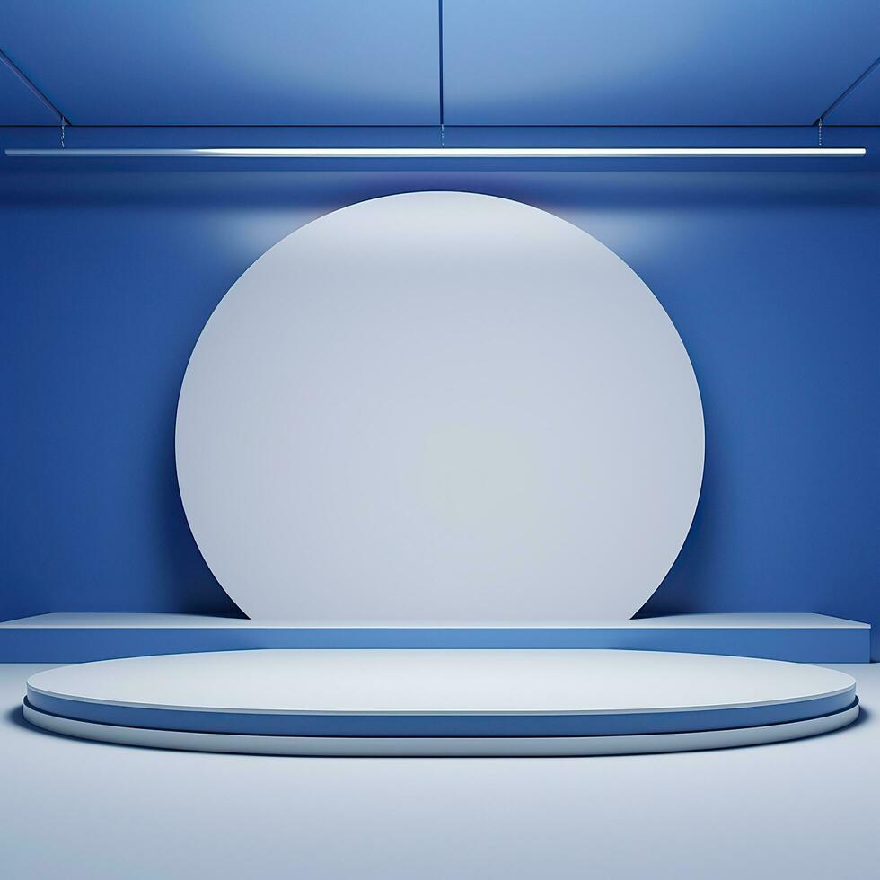 Minimalistic blue podium, stage, product display pedestal, empty, glossy, round. Generative AI photo