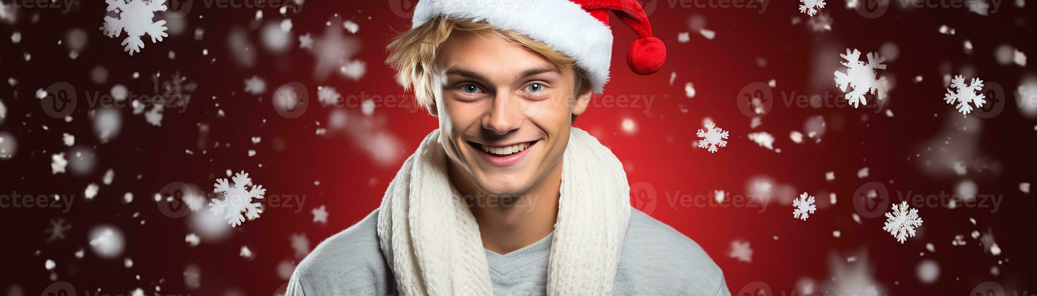 ai generado retrato de hermoso sonriente hombre en Papa Noel claus vistiendo foto