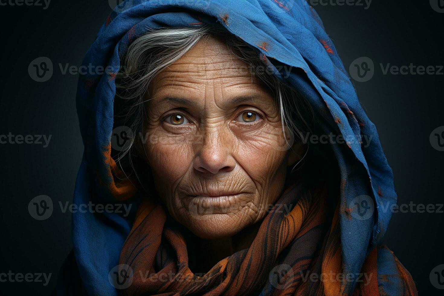 Ai generated studio portrait of trendy old elderly woman on different colour background in glasses and headphones photo