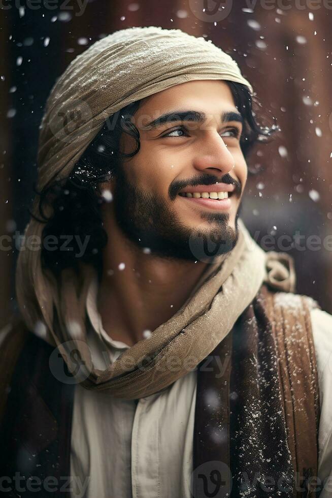Ai generated portrait of handsome smiling man standing under the snowing photo
