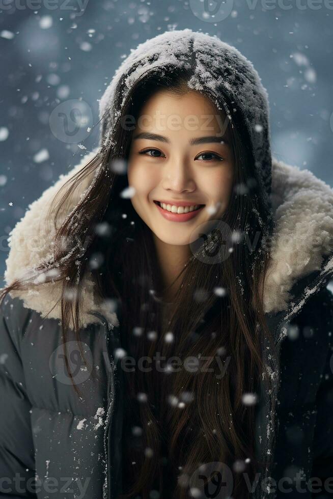 Ai generated portrait of beautiful young woman standing under the snow at winter time photo