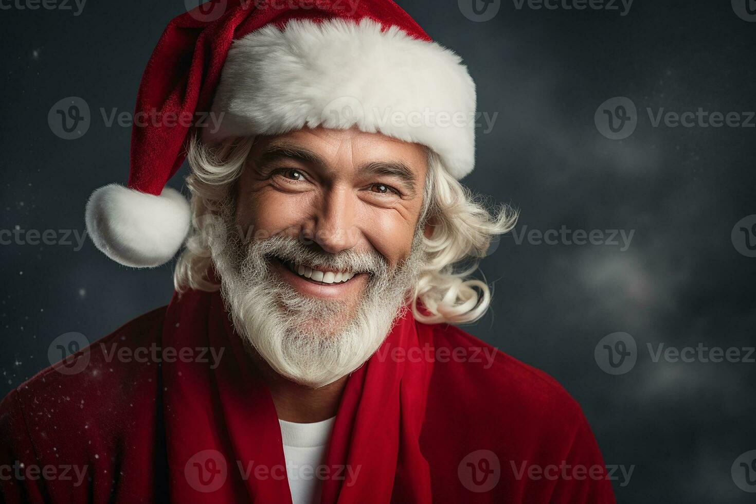 Ai generated portrait of handsome smiling man in santa claus wearing photo