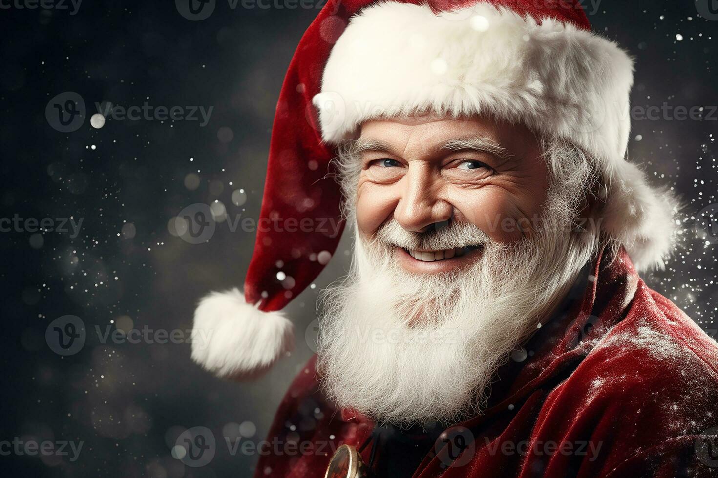 ai generado retrato de hermoso sonriente hombre en Papa Noel claus vistiendo foto