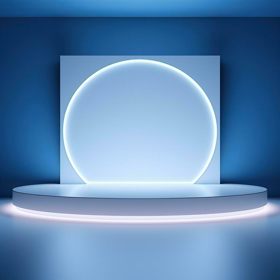Shiny simple blue pedestal, stage, podium, empty space. Generative AI photo