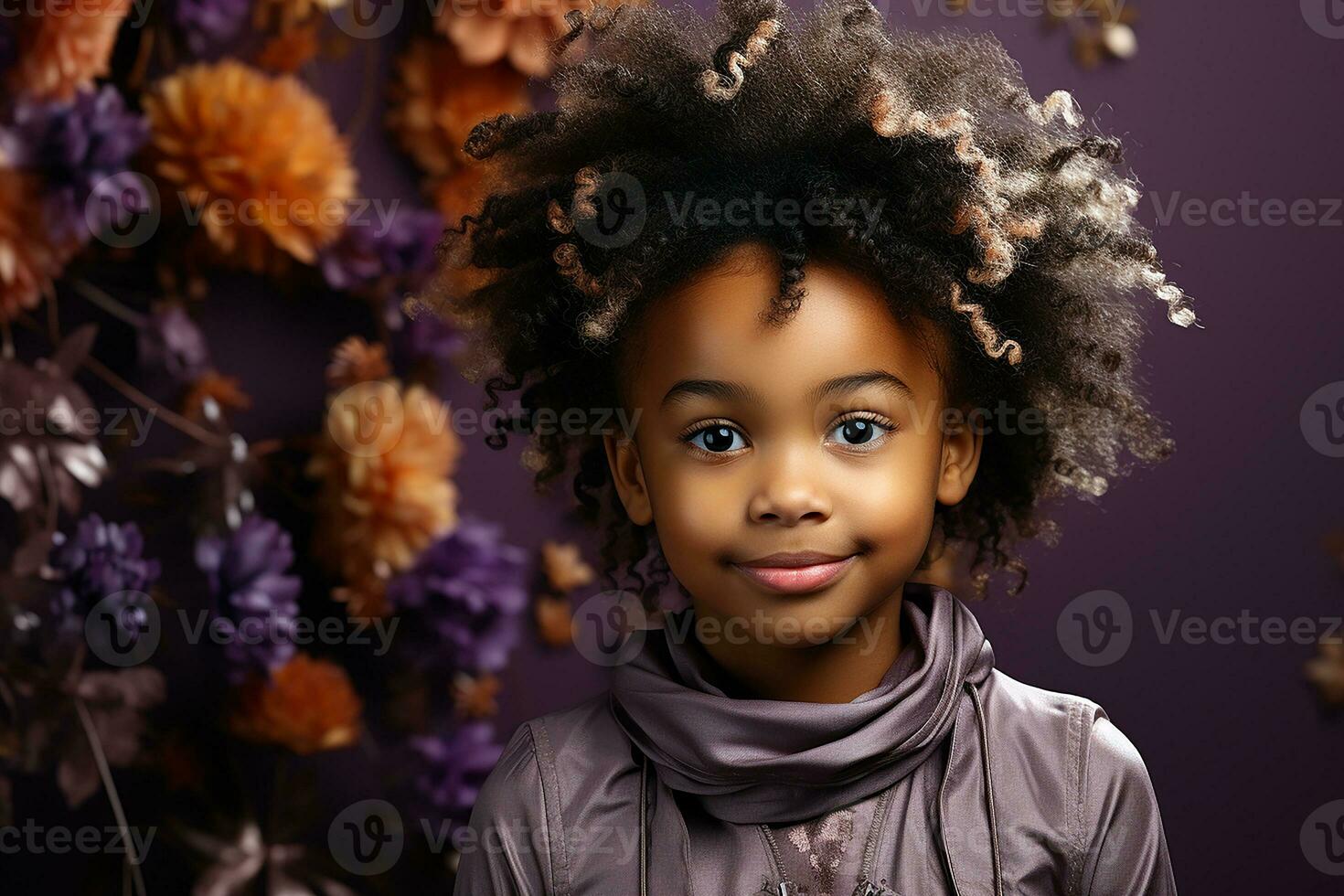 ai generado estudio retrato de linda pequeño Rizado africano niña en diferente colores antecedentes foto
