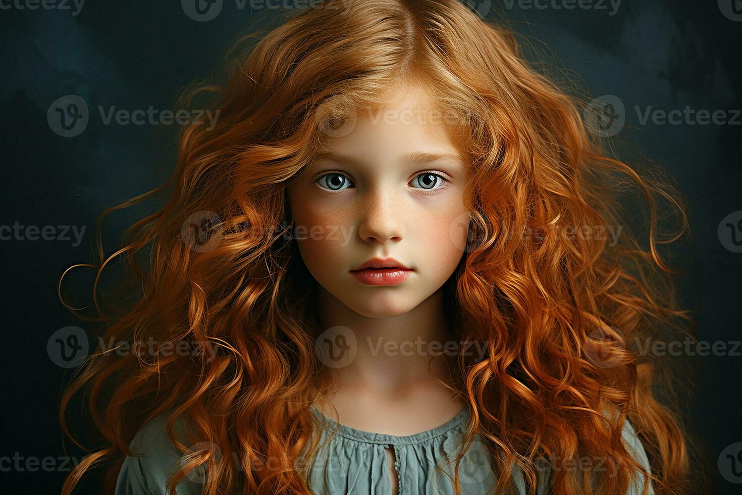 Ai generated studio portrait of cutle little curly ginger girl on different colours background photo