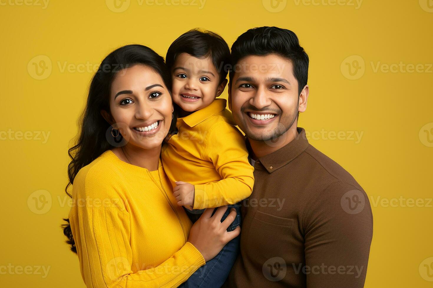 Ai generated Studio portrait of beautiful parents with infant baby holding on hands on different colours background photo