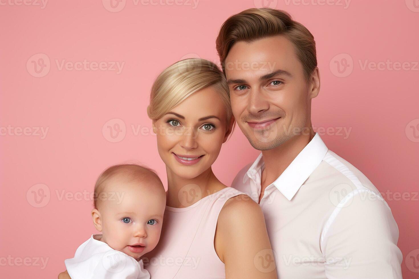 Ai generated Studio portrait of beautiful parents with infant baby holding on hands on different colours background photo
