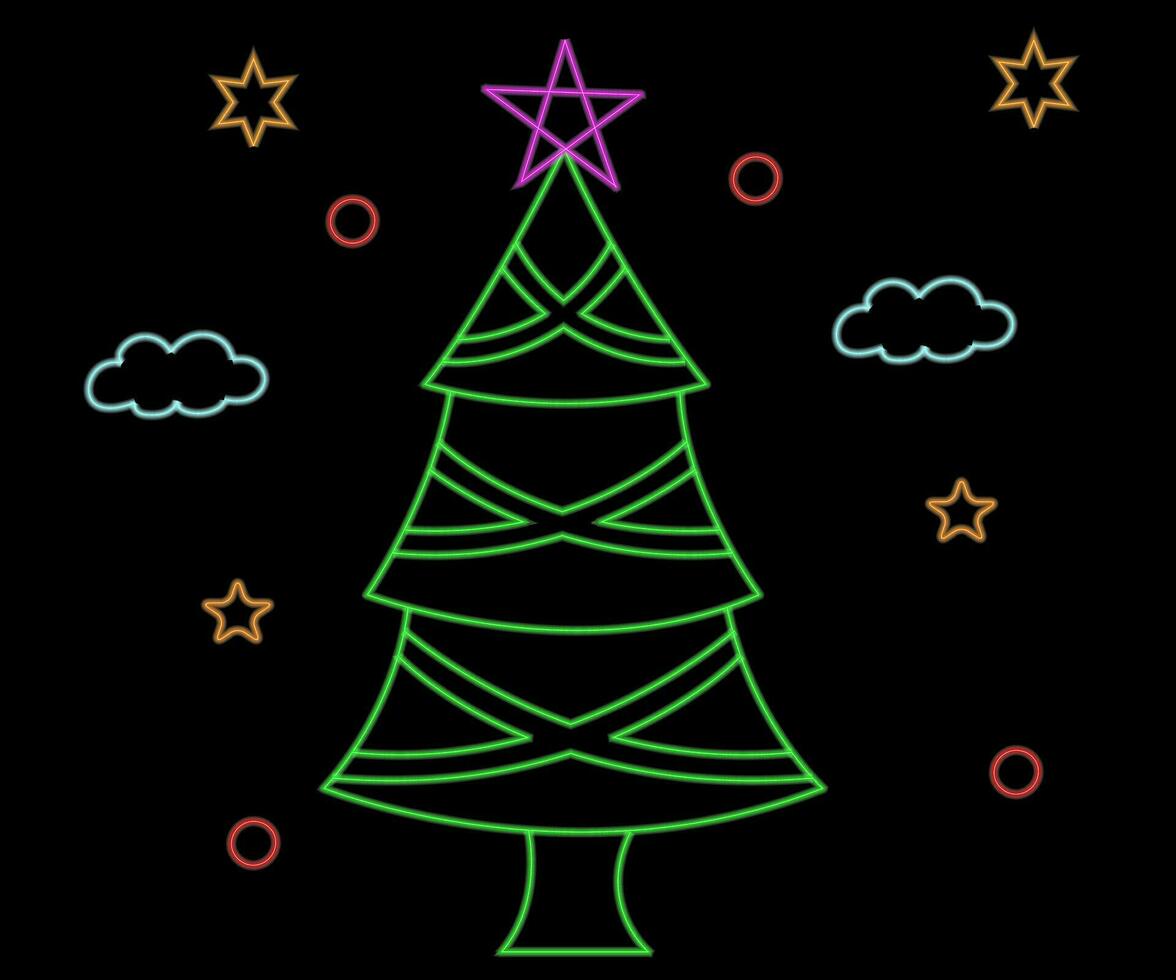 Abstract glowing neon christmas tree sign lgiht with on and off versions. Vector illustration